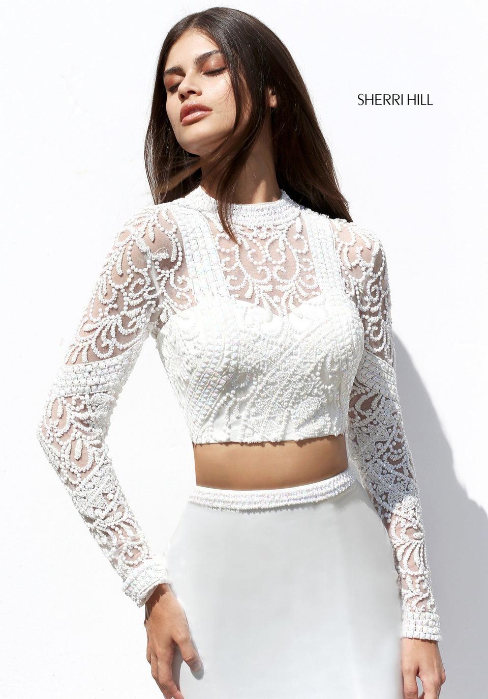 Sherri Hill Two-piece Satin Mermaid With A Long Sleeve Beaded Bodice