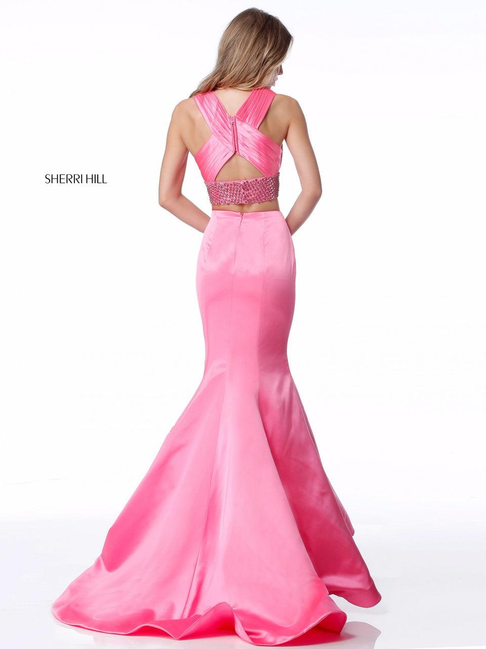 Sherri Hill Two Piece Satin Mermaid With Cross Front Bodice And Bead Encrusted Belt