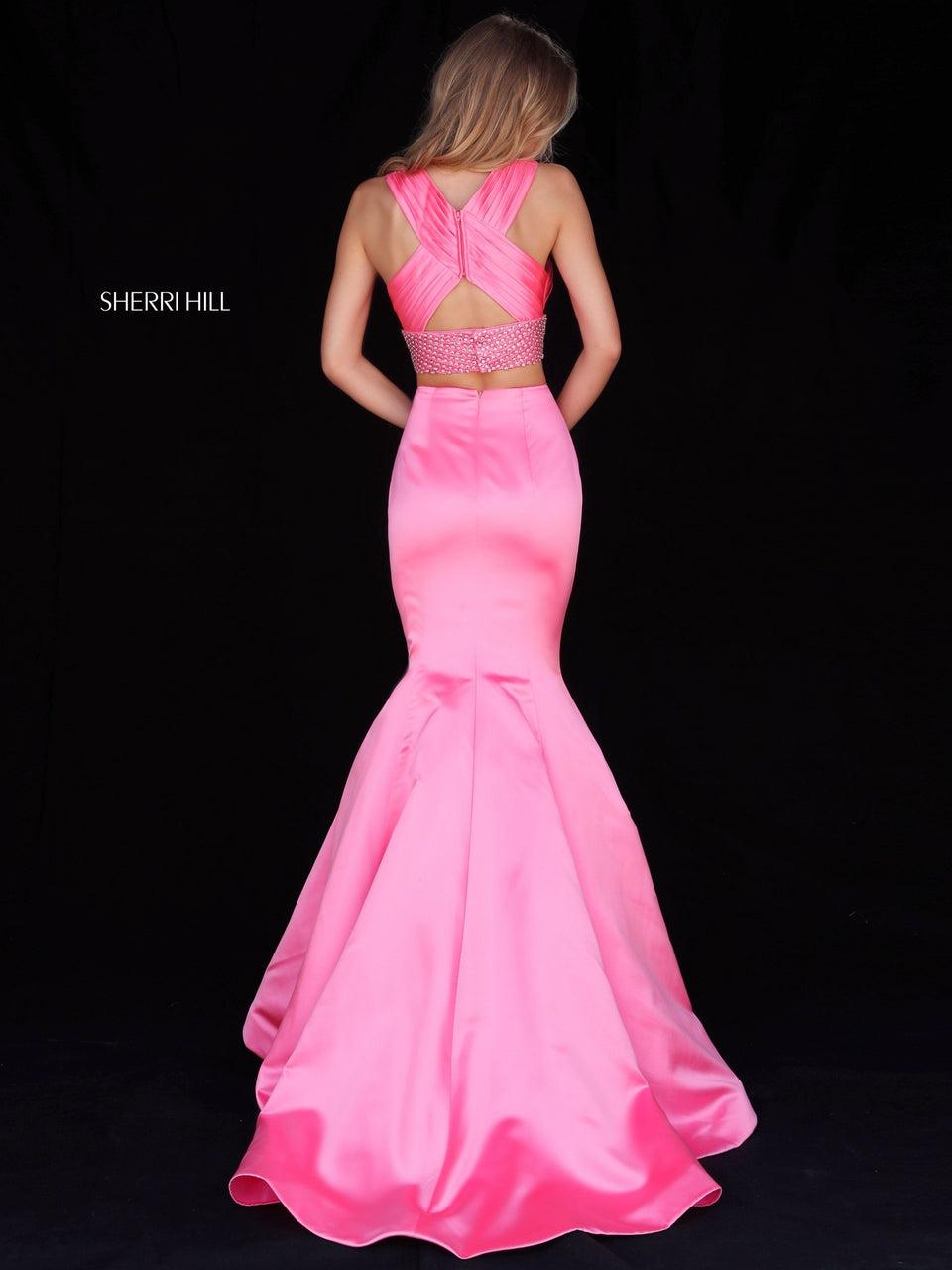Sherri Hill Two Piece Satin Mermaid With Cross Front Bodice And Bead Encrusted Belt