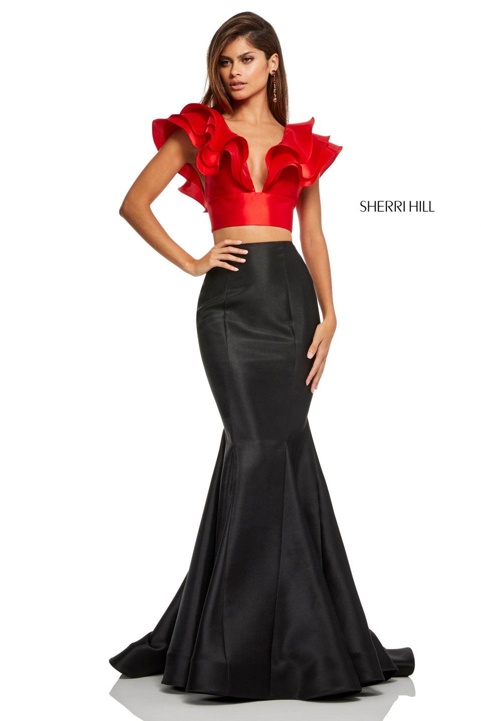 Sherri Hill Two-piece Satin Mermaid With Ruffled Top
