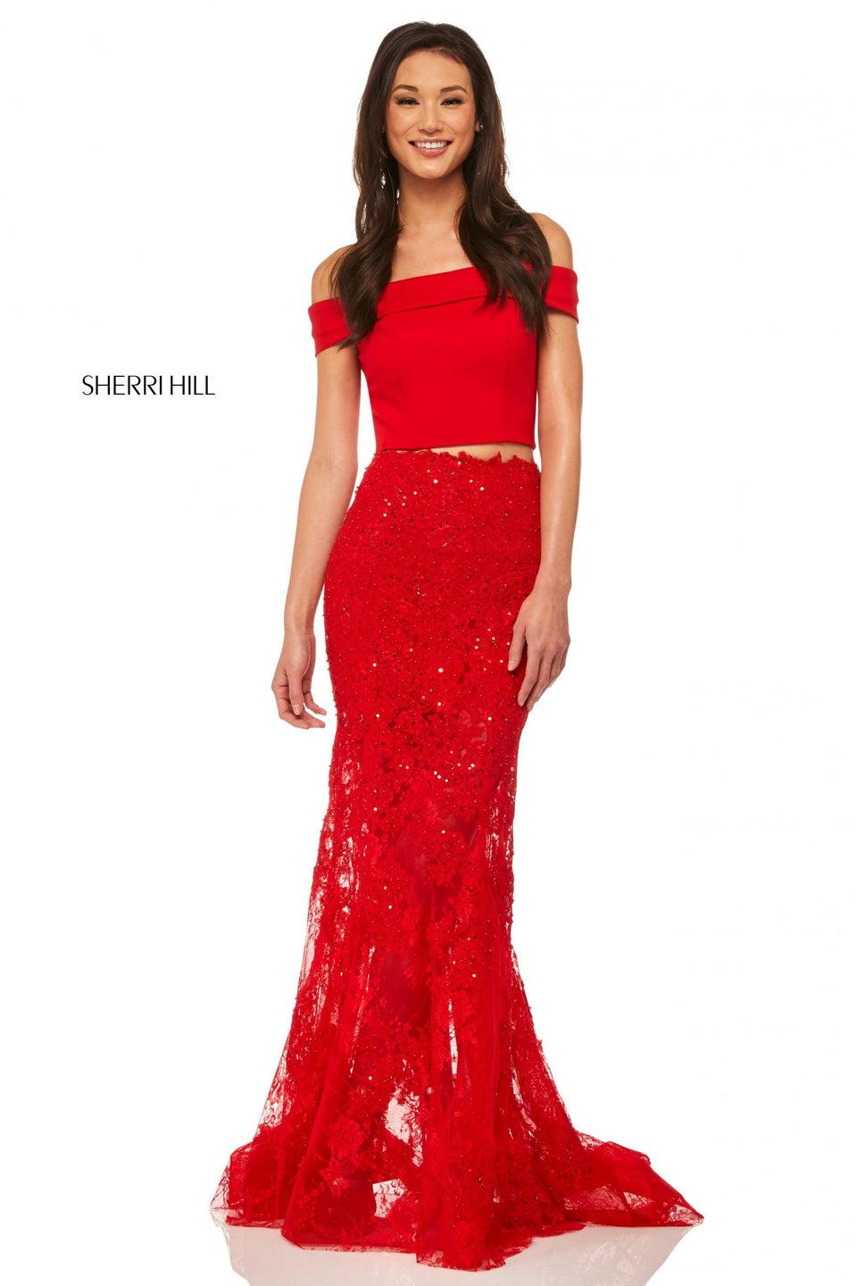 Sherri Hill Two-piece Scuba Off-the-shoulder Top With Beaded Lace Sheer Skirt