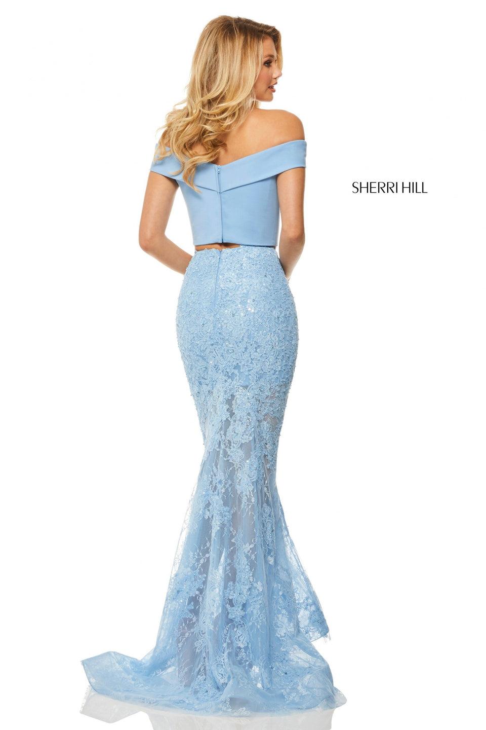 Sherri Hill Two-piece Scuba Off-the-shoulder Top With Beaded Lace Sheer Skirt
