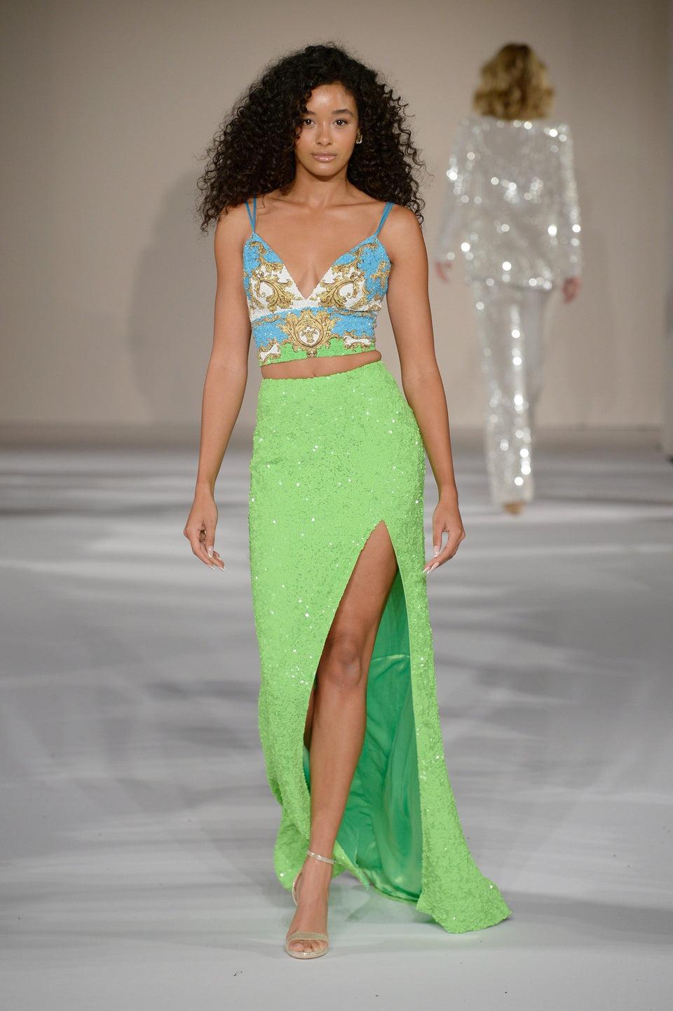 Sherri Hill Two-piece Sequin Gown With V-neckline And High Slit Skirt