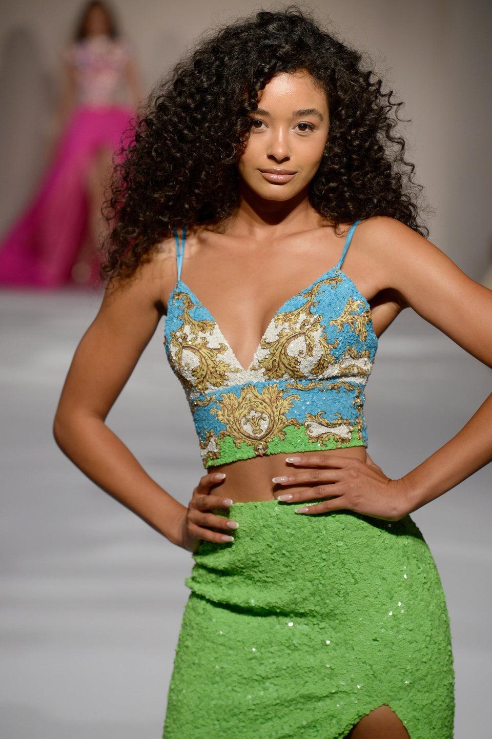 sherri hill Two-piece sequin gown with V-neckline and high slit skirt