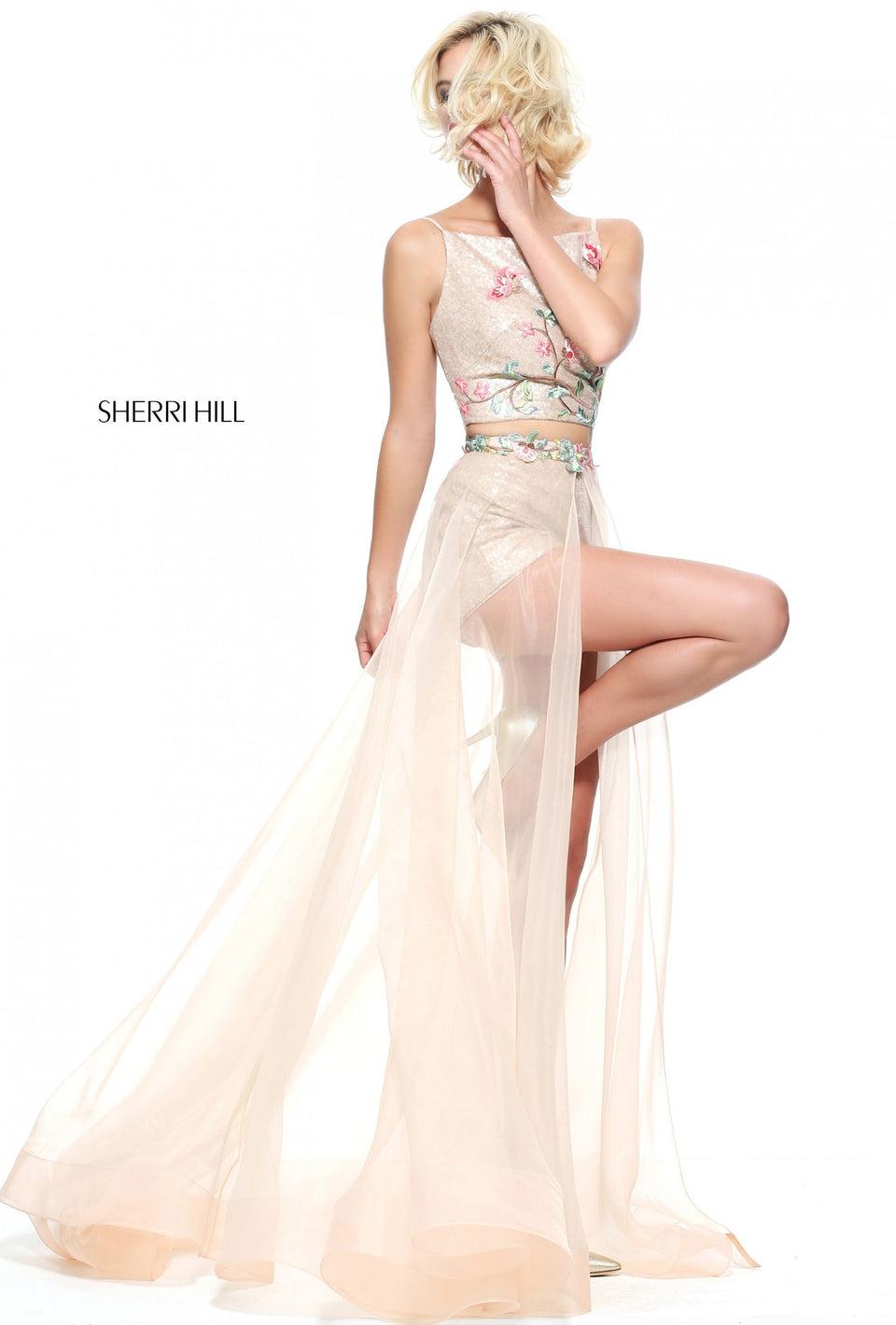 Sherri Hill Two-piece Sequin Short Set With A Chiffon Over Skirt And Floral Appliqued Bodice