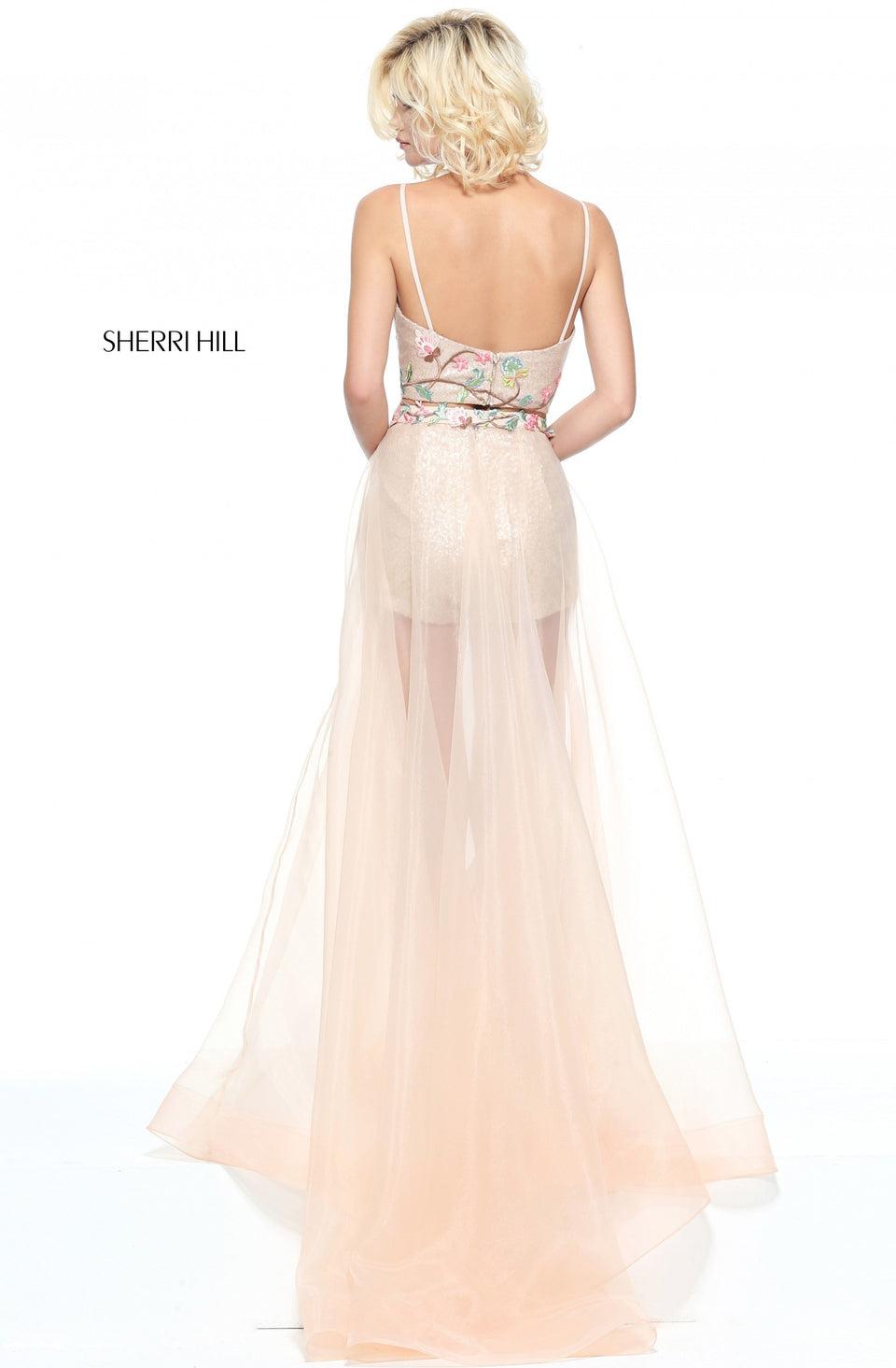 Sherri Hill Two-piece Sequin Short Set With A Chiffon Over Skirt And Floral Appliqued Bodice