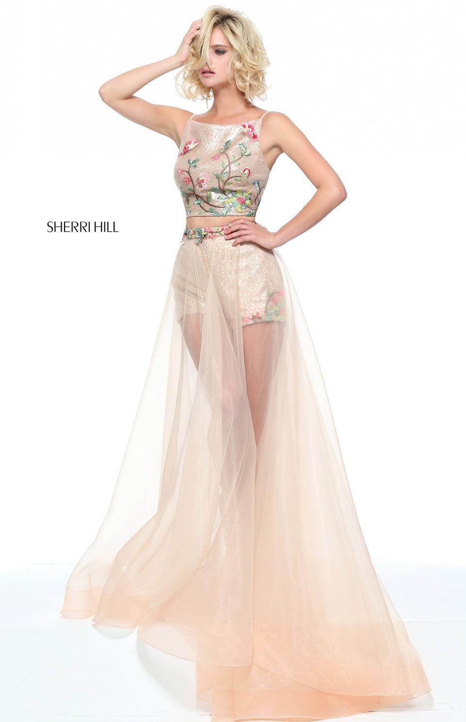 Sherri Hill Two-piece Sequin Short Set With A Chiffon Over Skirt And Floral Appliqued Bodice