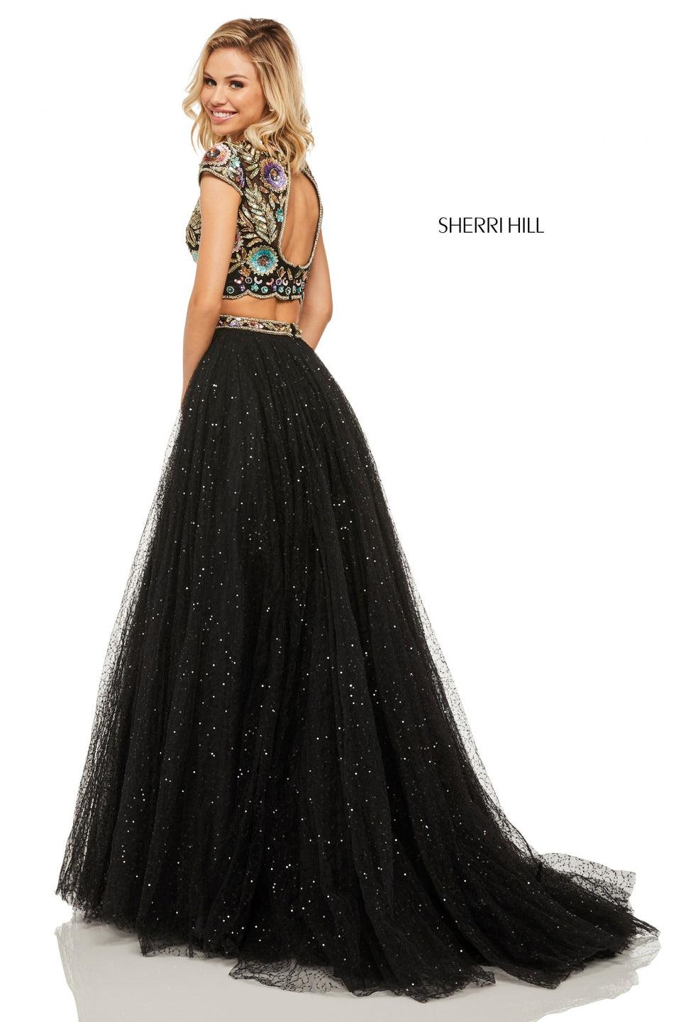 Sherri Hill Two-piece Sequin Tulle Ball Gown With Beaded Cap Sleeve Bodice And Keyhole Back