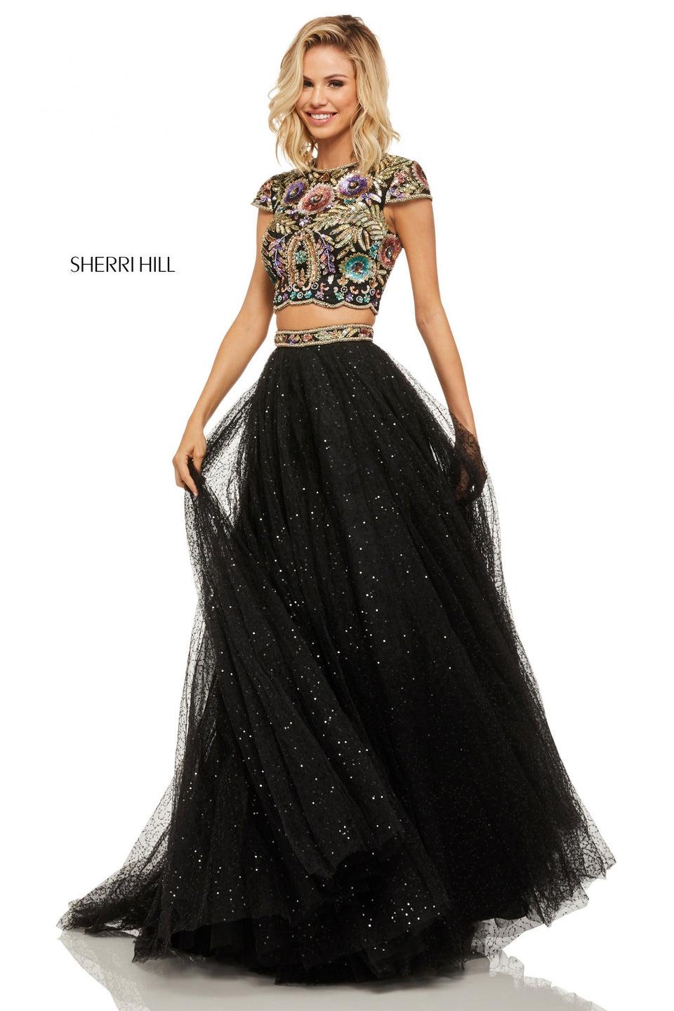 Sherri Hill Two-piece Sequin Tulle Ball Gown With Beaded Cap Sleeve Bodice And Keyhole Back