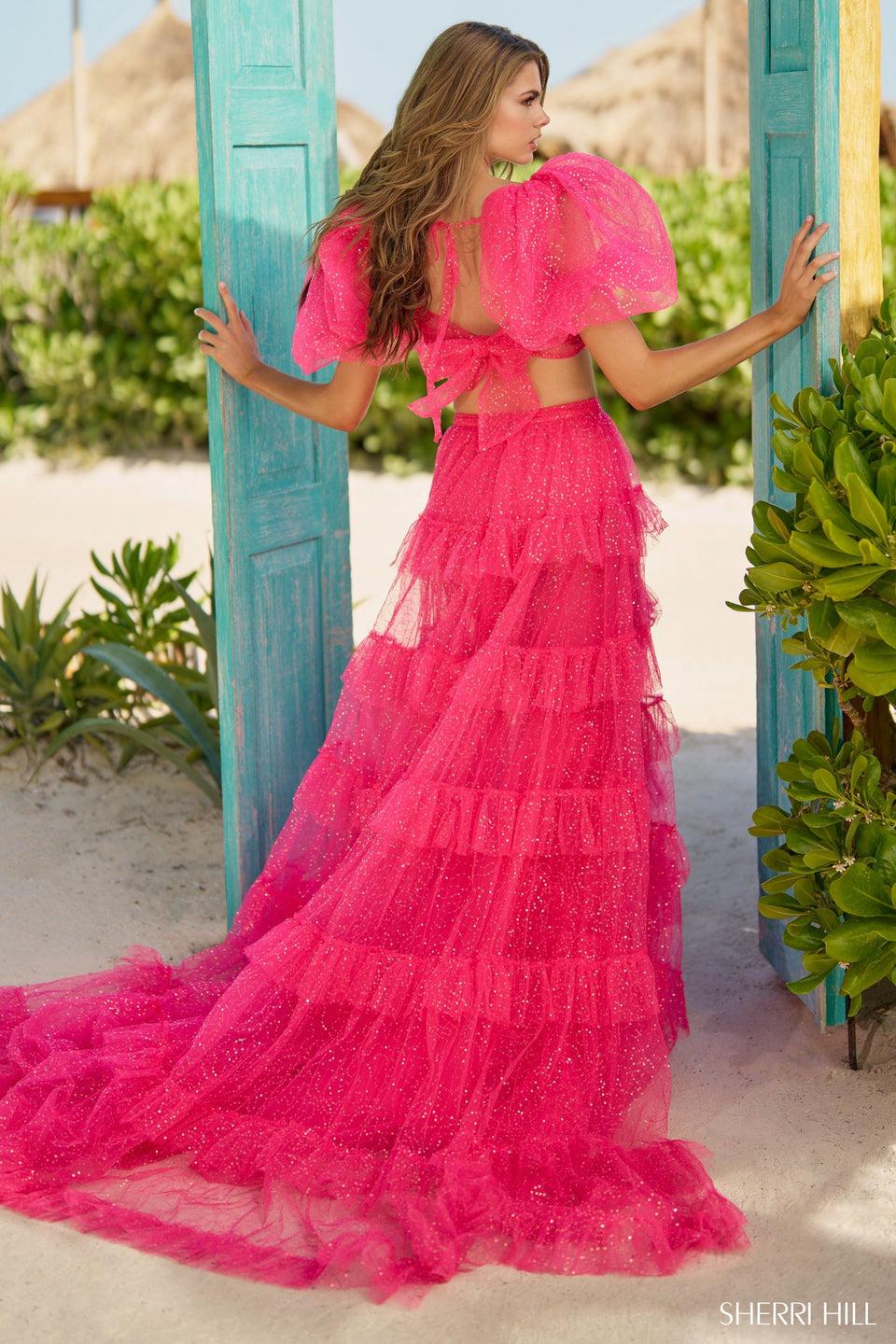 Sherri Hill Two-piece Sequin Tulle Gown With Balloon Sleeves And Ruffle Skirt Slit