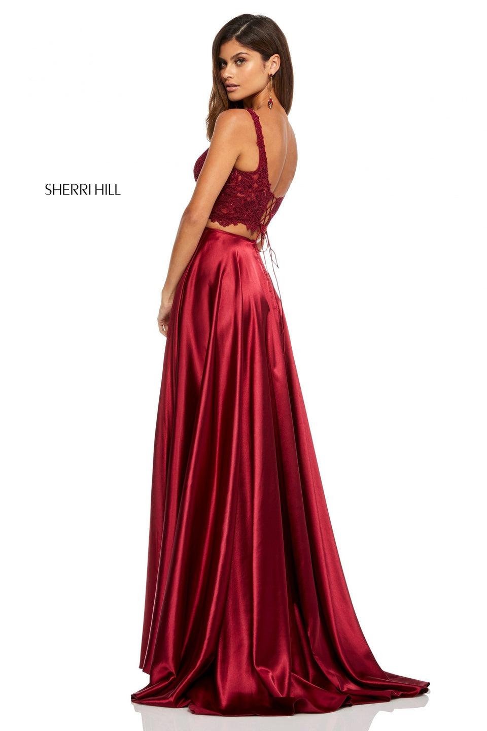 Sherri Hill Two-piece Silk Satin Slit Skirt With Lace Top