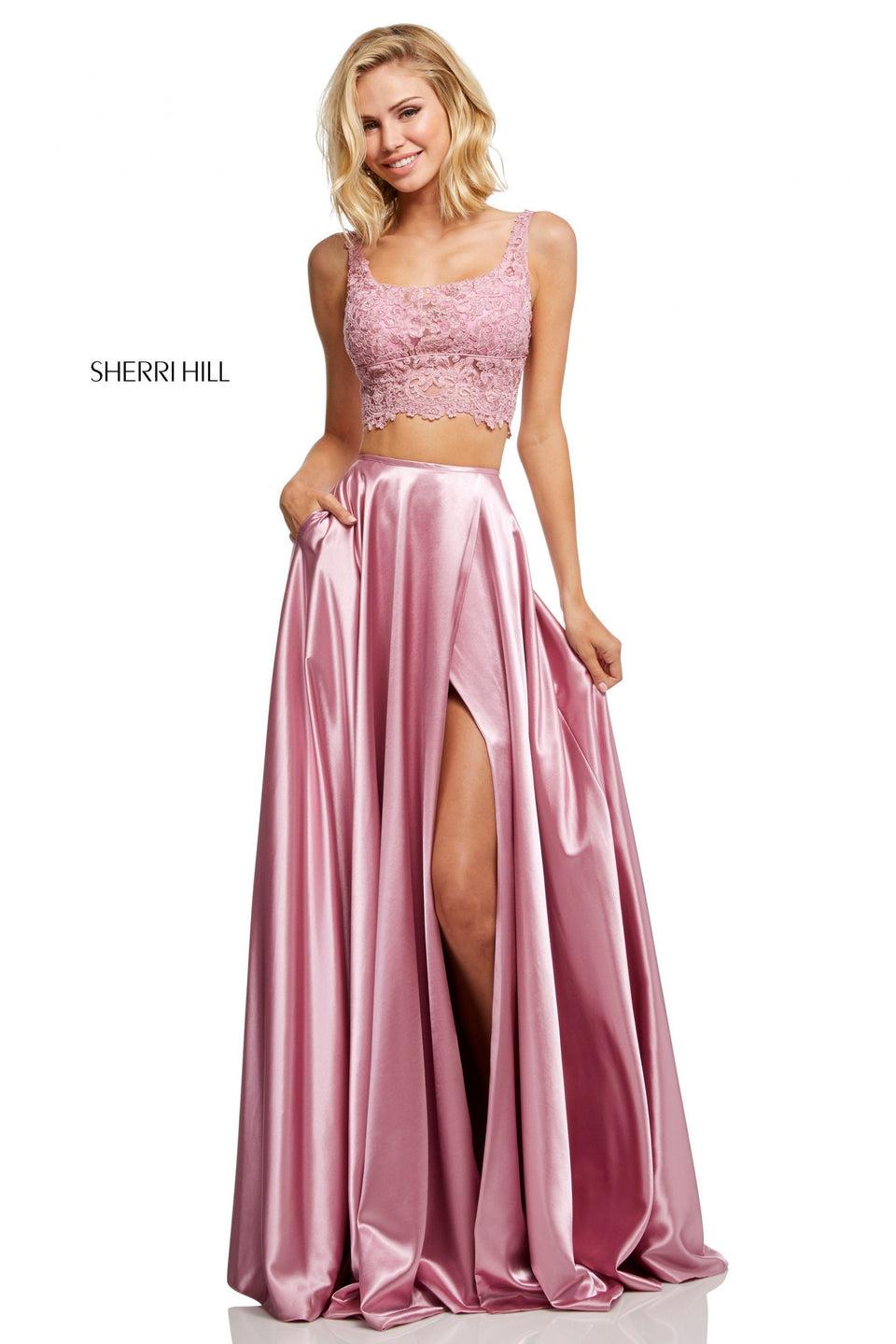 Sherri Hill Two-piece Silk Satin Slit Skirt With Lace Top