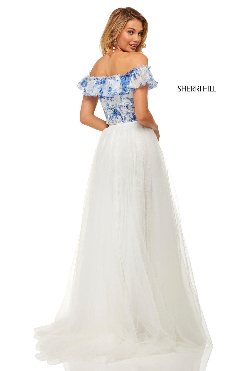Sherri Hill Two-piece Smocked Off-the-shoulder Printed Top With Ruffle Neckline And Tulle A-line Skirt With Bow