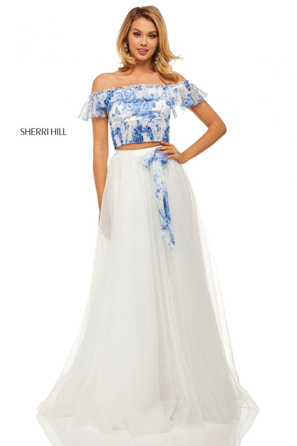 Sherri Hill Two-piece Smocked Off-the-shoulder Printed Top With Ruffle Neckline And Tulle A-line Skirt With Bow