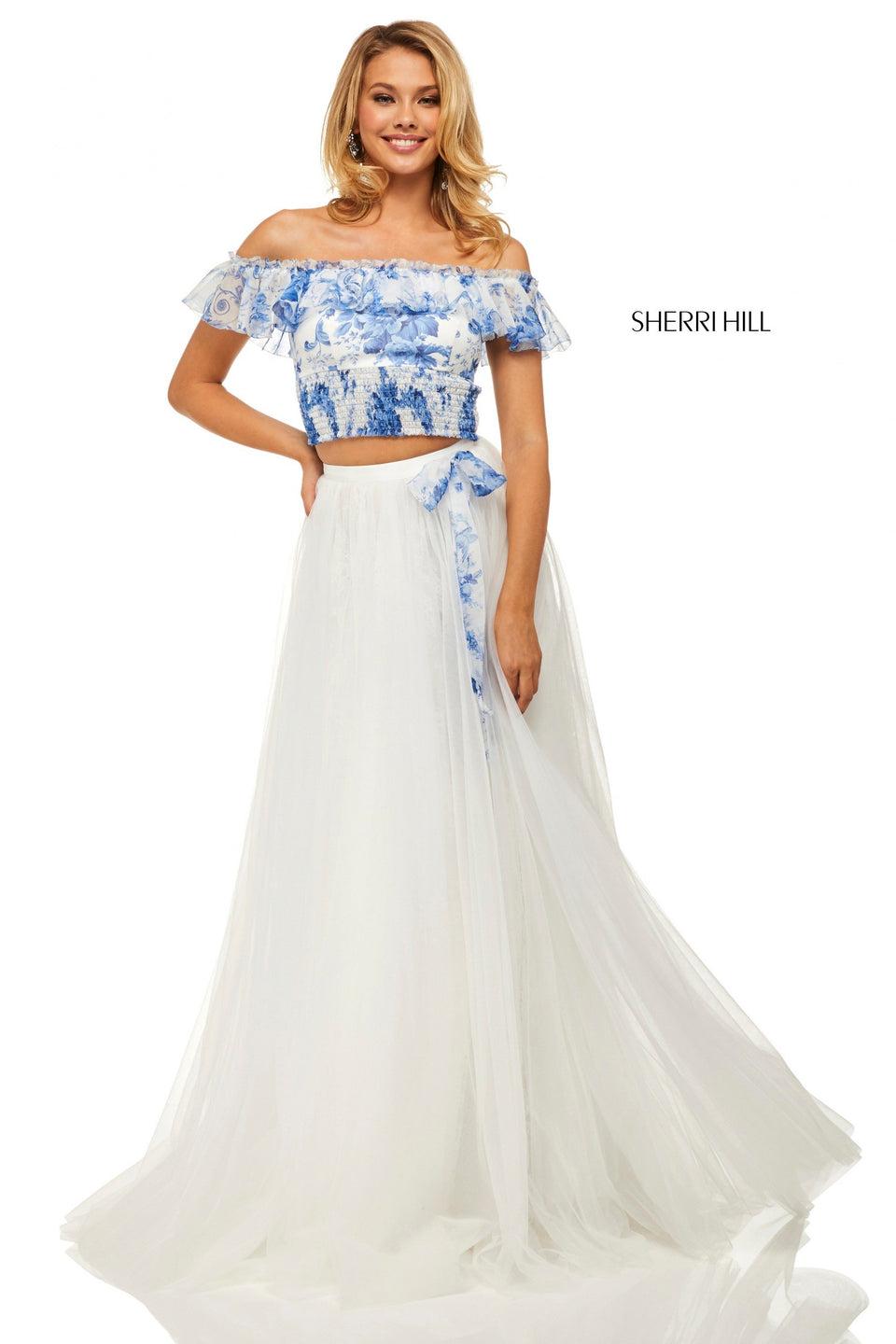Sherri Hill Two-piece Smocked Off-the-shoulder Printed Top With Ruffle Neckline And Tulle A-line Skirt With Bow