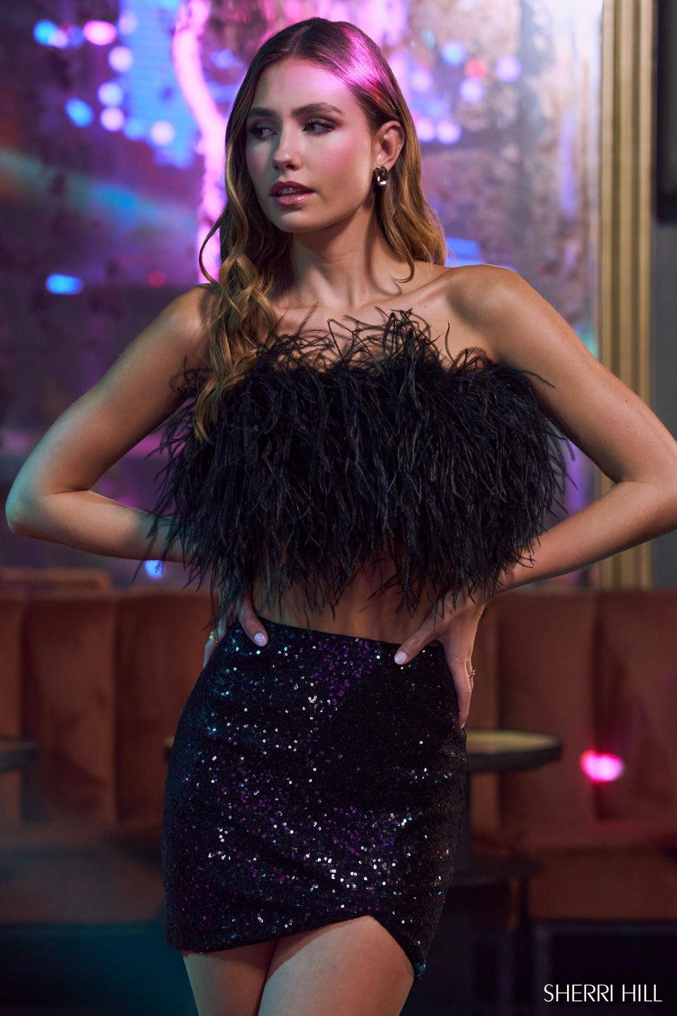 Sherri Hill Two-piece Strapless Feather Top With Sequin Skirt Slit