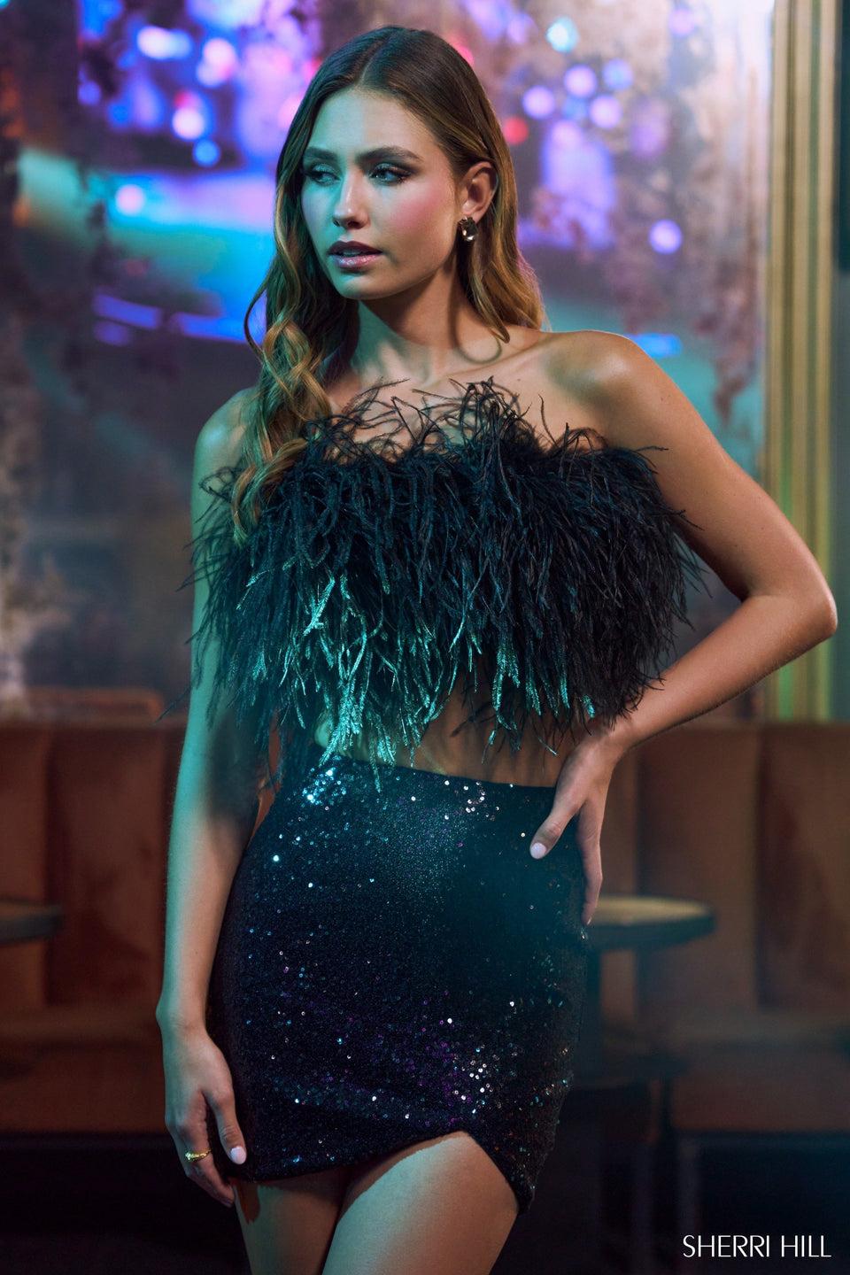 Sherri Hill Two-piece Strapless Feather Top With Sequin Skirt Slit