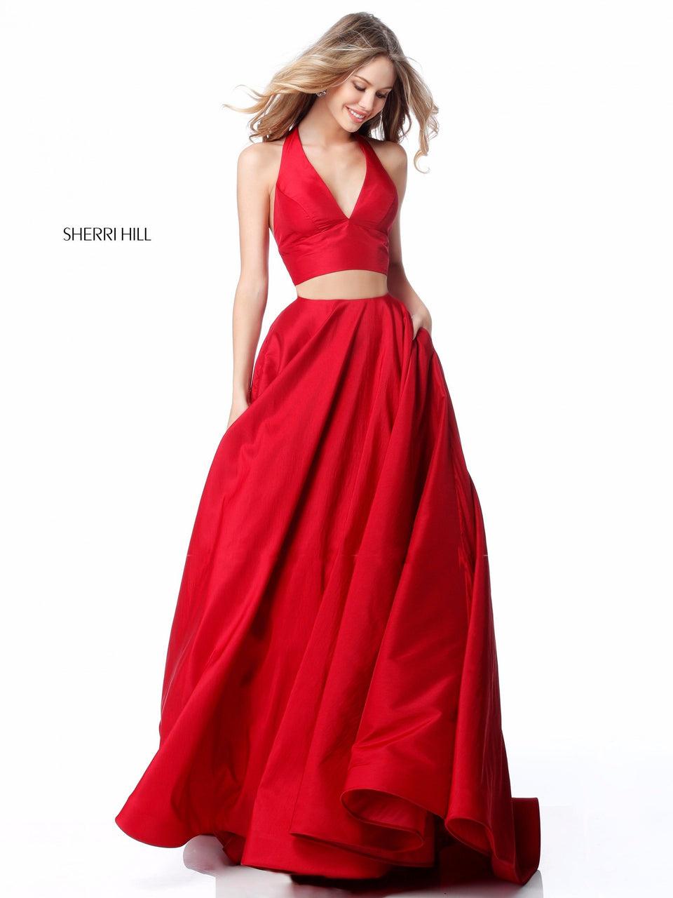 Sherri Hill Two Piece Tafetta Ball Gown With A V-neck Halter Top