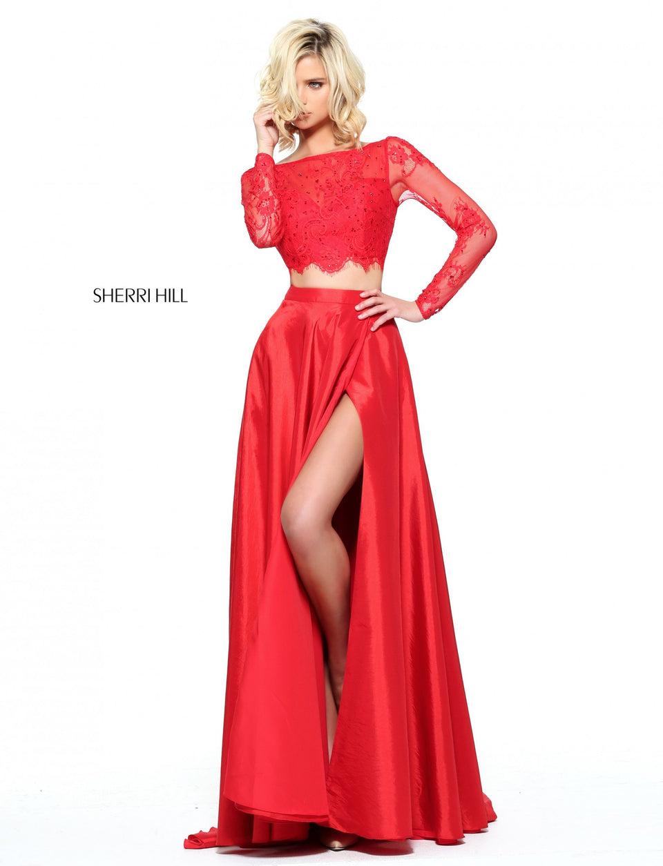 Sherri Hill Two-piece Taffeta A-line Gown With A Lace Long Sleeve Bodice