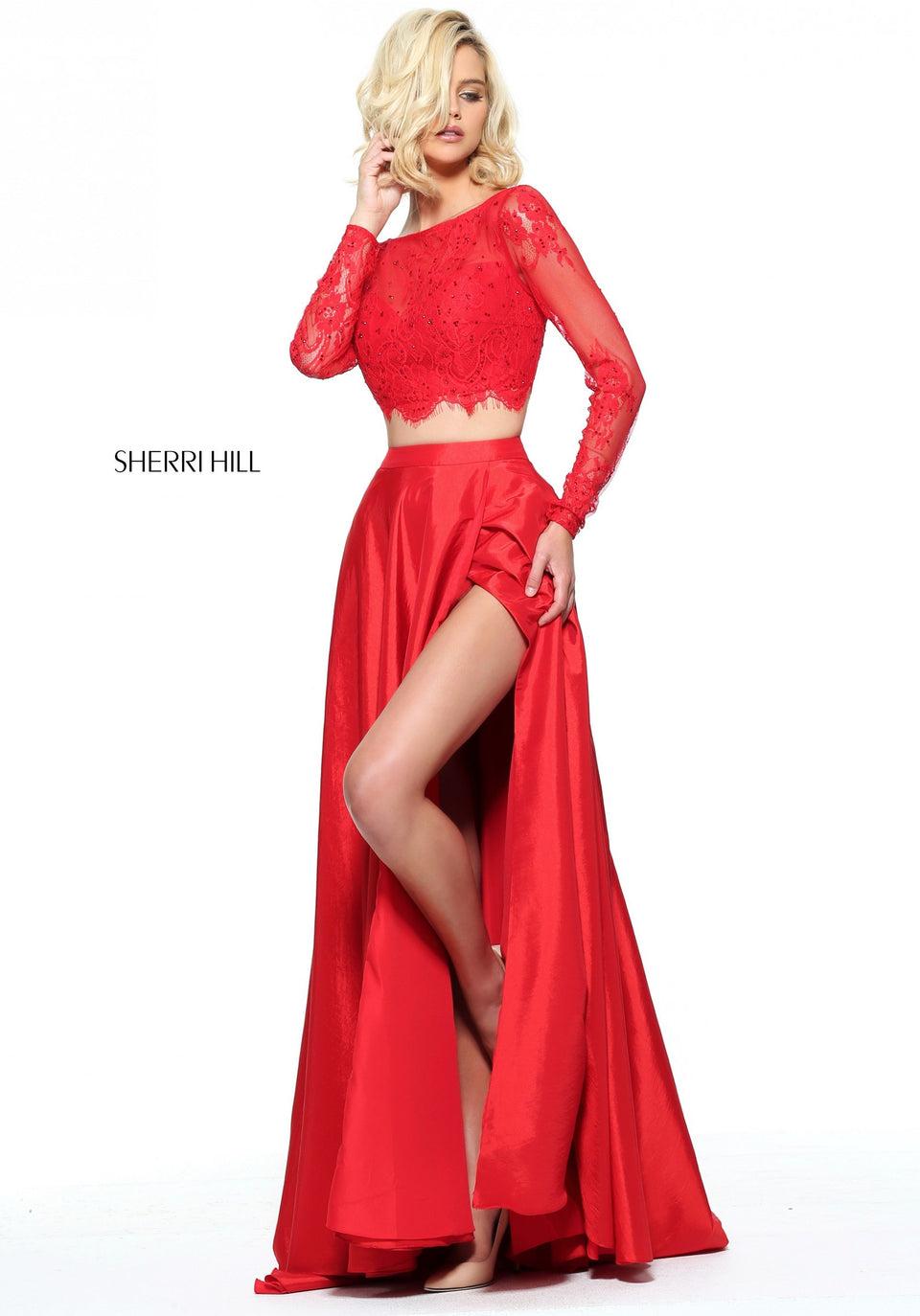 sherri hill Two-piece taffeta A-line gown with a lace long sleeve bodice
