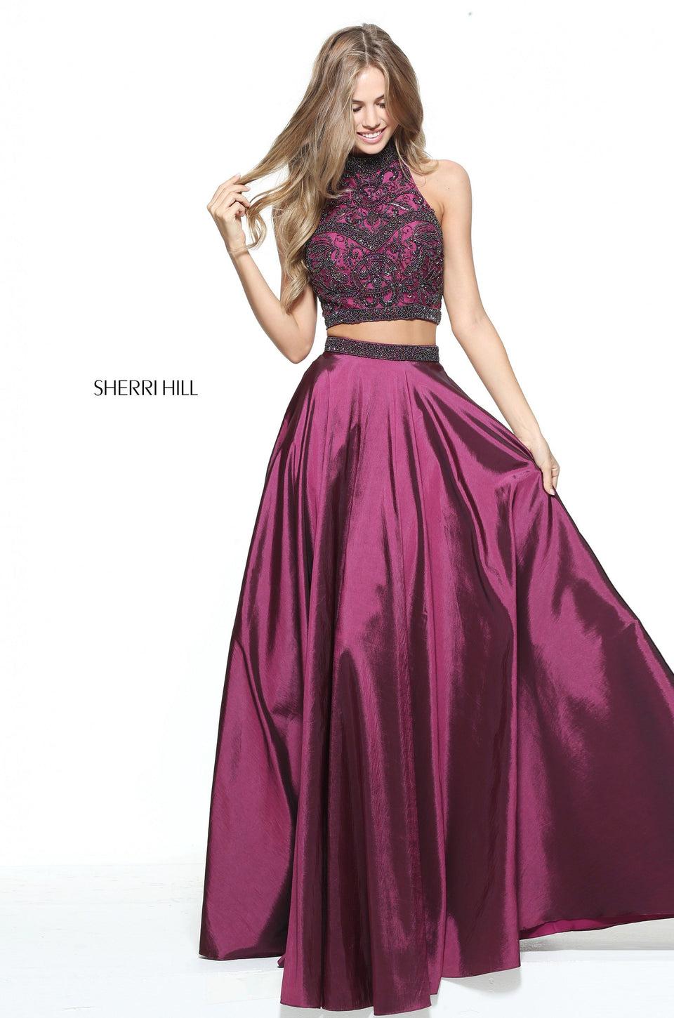 sherri hill Two-piece taffeta A-line gown with high neck beaded bodice