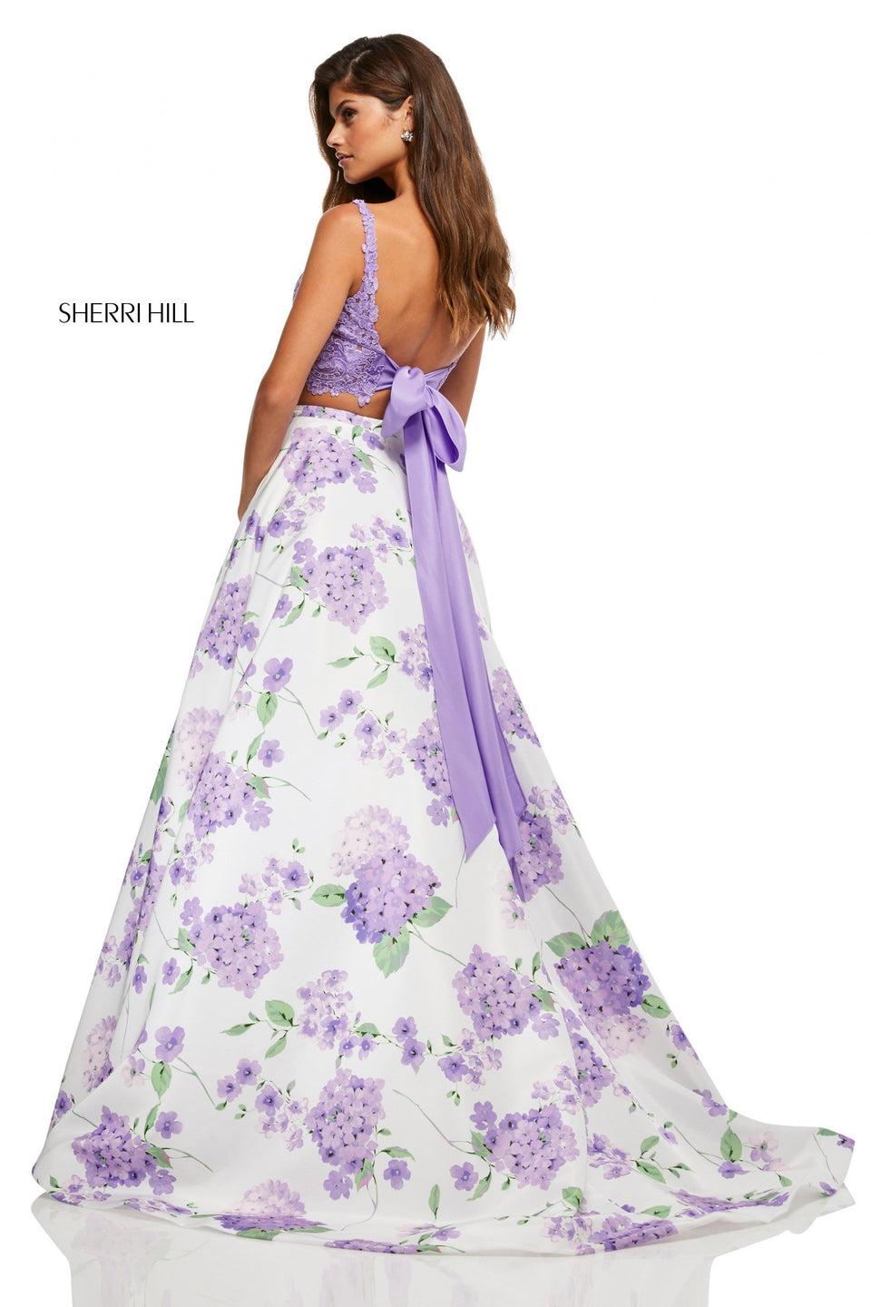 Sherri Hill Two-piece Taffeta Ball Gown With Floral Printed Skirt And A Lace Top With A Tie Back