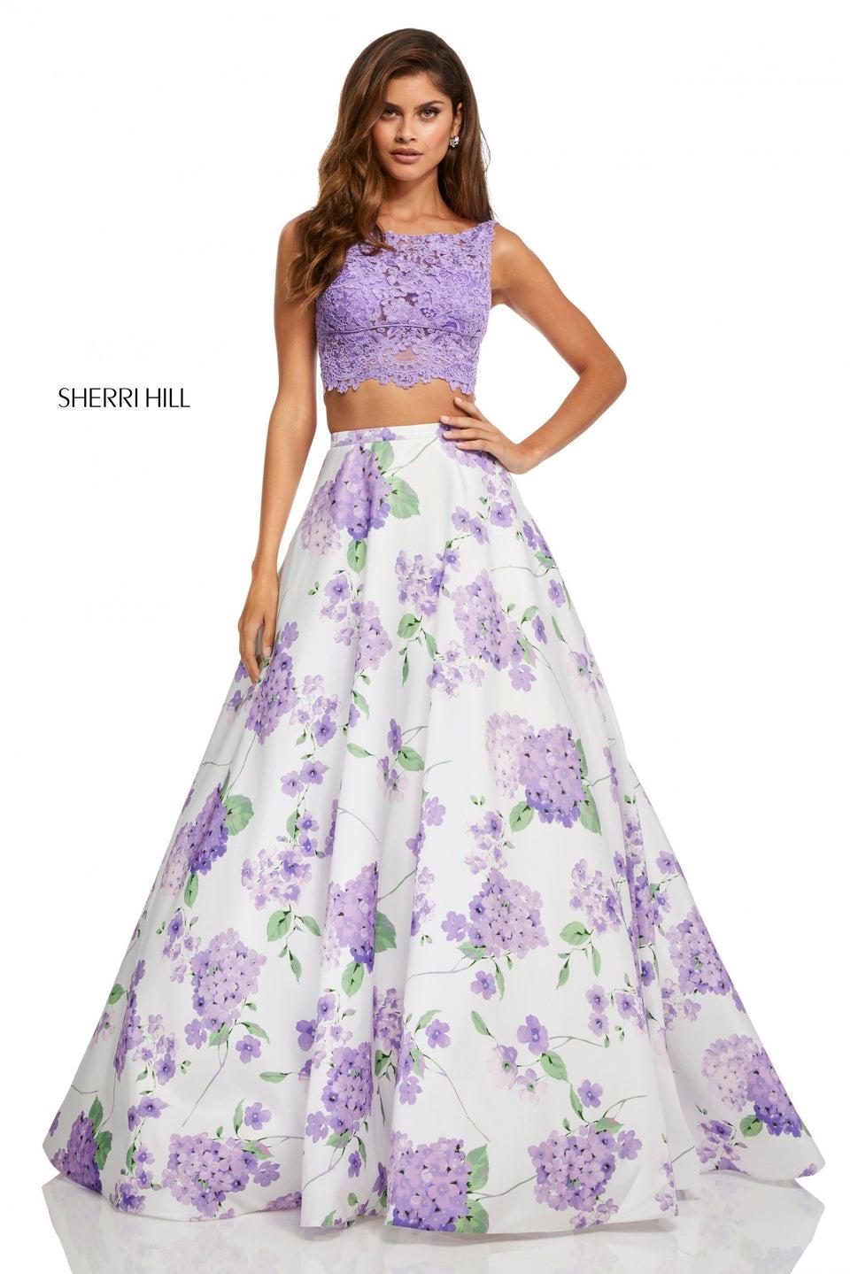 Sherri Hill Two-piece Taffeta Ball Gown With Floral Printed Skirt And A Lace Top With A Tie Back
