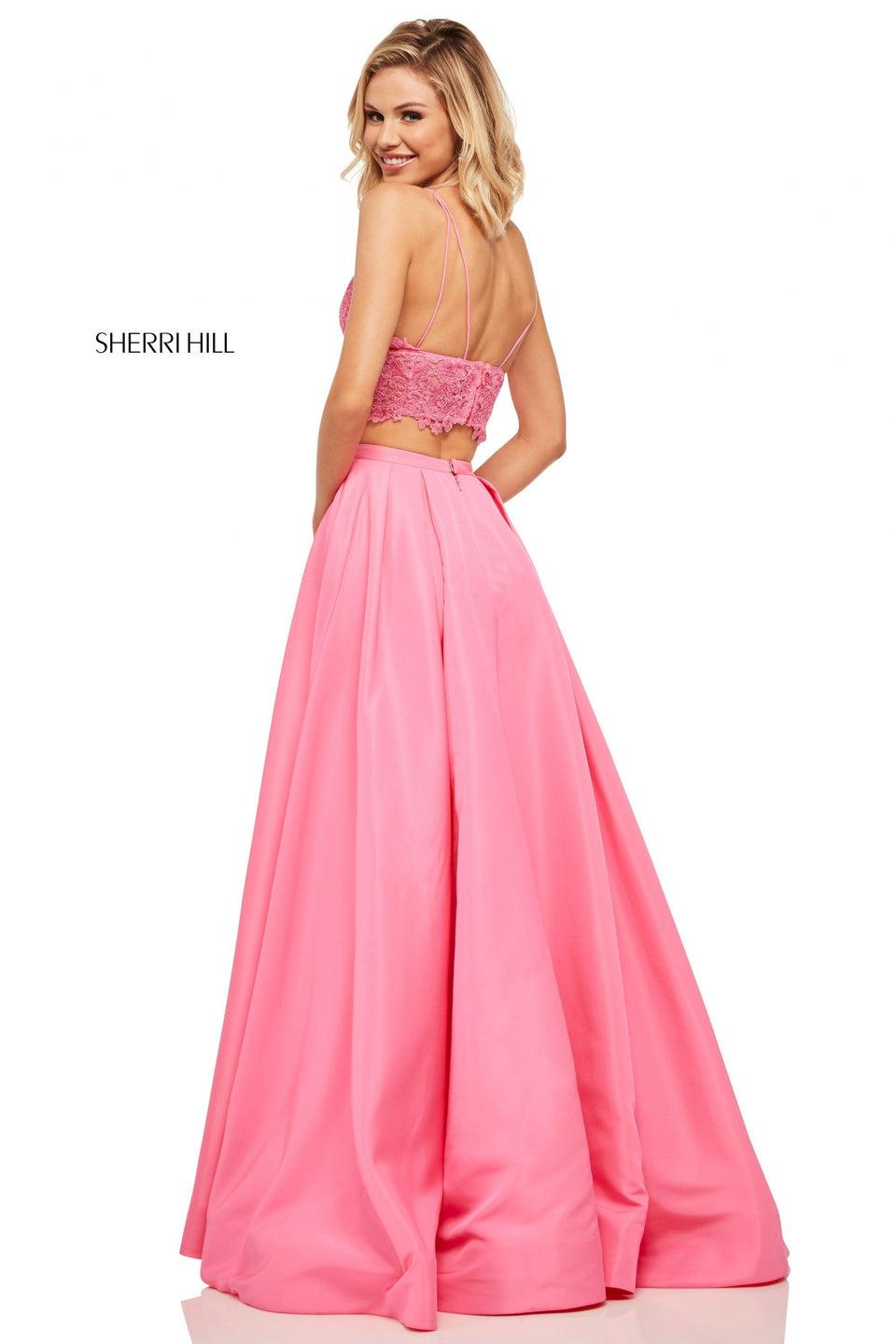 Sherri Hill Two-piece Taffeta Ballgown With Lace Bodice And Ruffle Front Slit Skirt