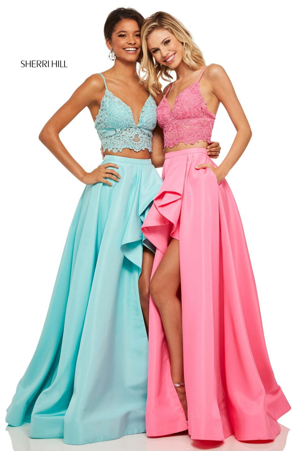 sherri hill Two-piece taffeta ballgown with lace bodice and ruffle front slit skirt