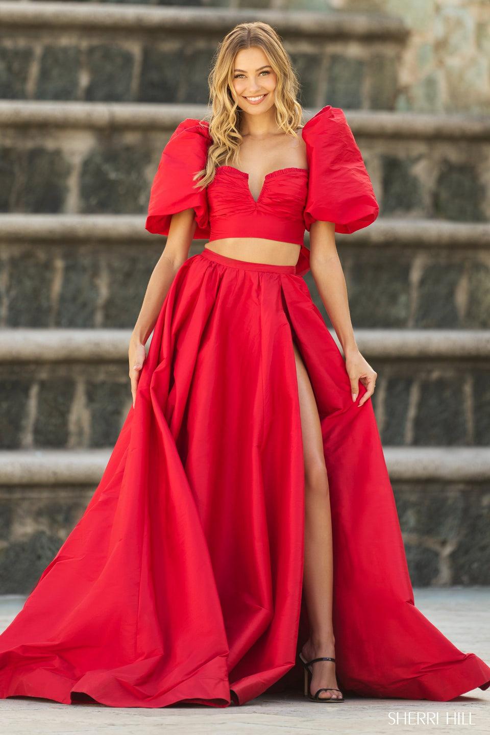 Sherri Hill Two-piece Taffeta Gown With Ballon Sleeves And Bodysuit Skirt Slit
