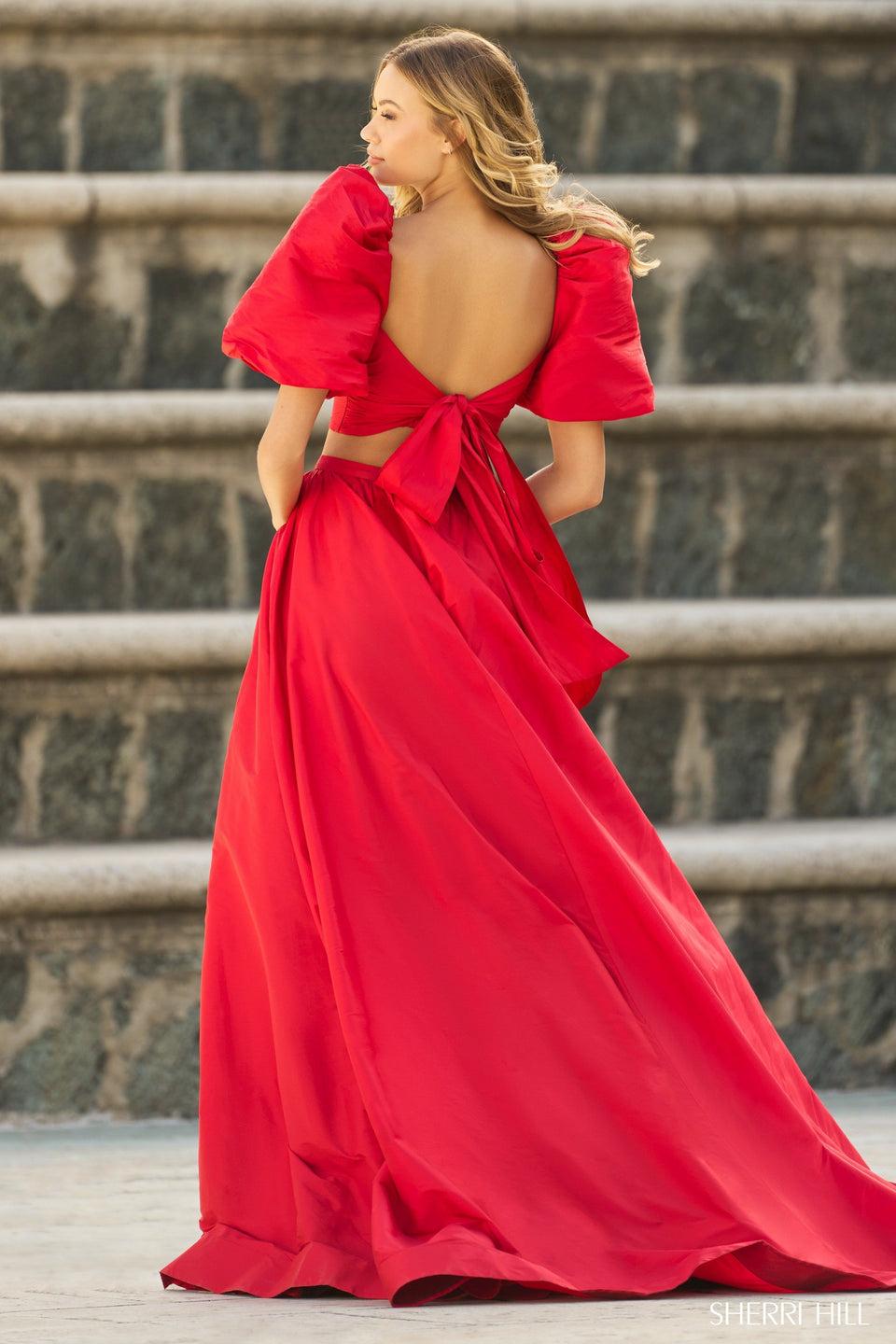 Sherri Hill Two-piece Taffeta Gown With Ballon Sleeves And Bodysuit Skirt Slit