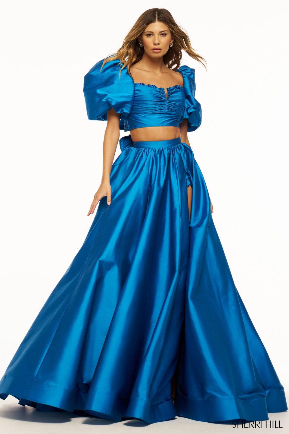 Sherri Hill Two-piece Taffeta Gown With Ballon Sleeves And Bodysuit Skirt Slit