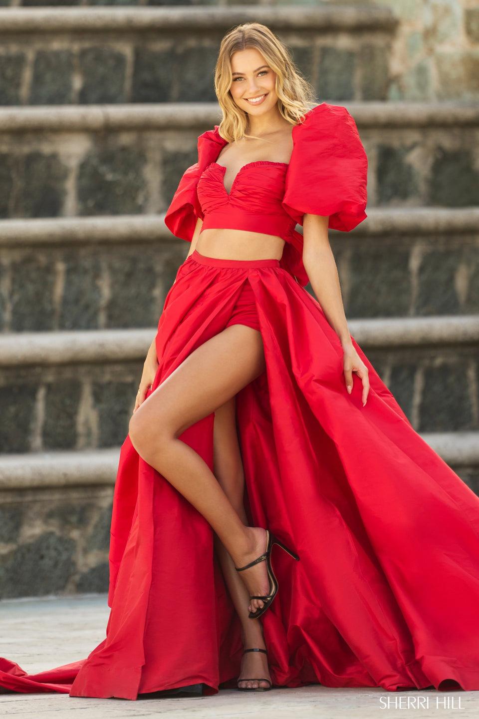sherri hill Two-piece taffeta gown with ballon sleeves and bodysuit skirt slit