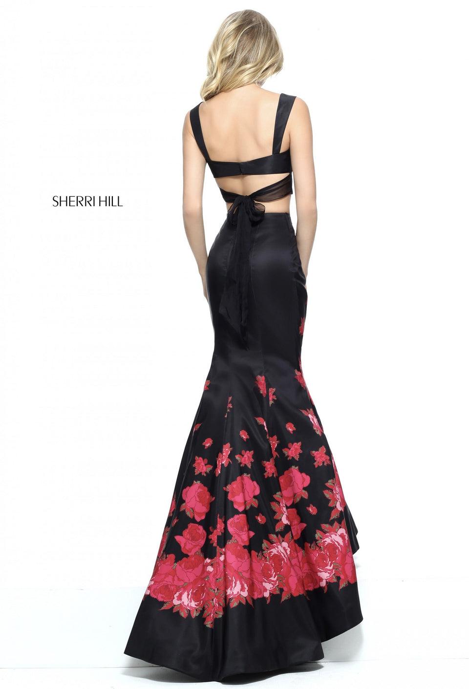 Sherri Hill Two-piece Taffeta Mermaid With A Cross Front Bodice And Floral Border Print On The Skirt