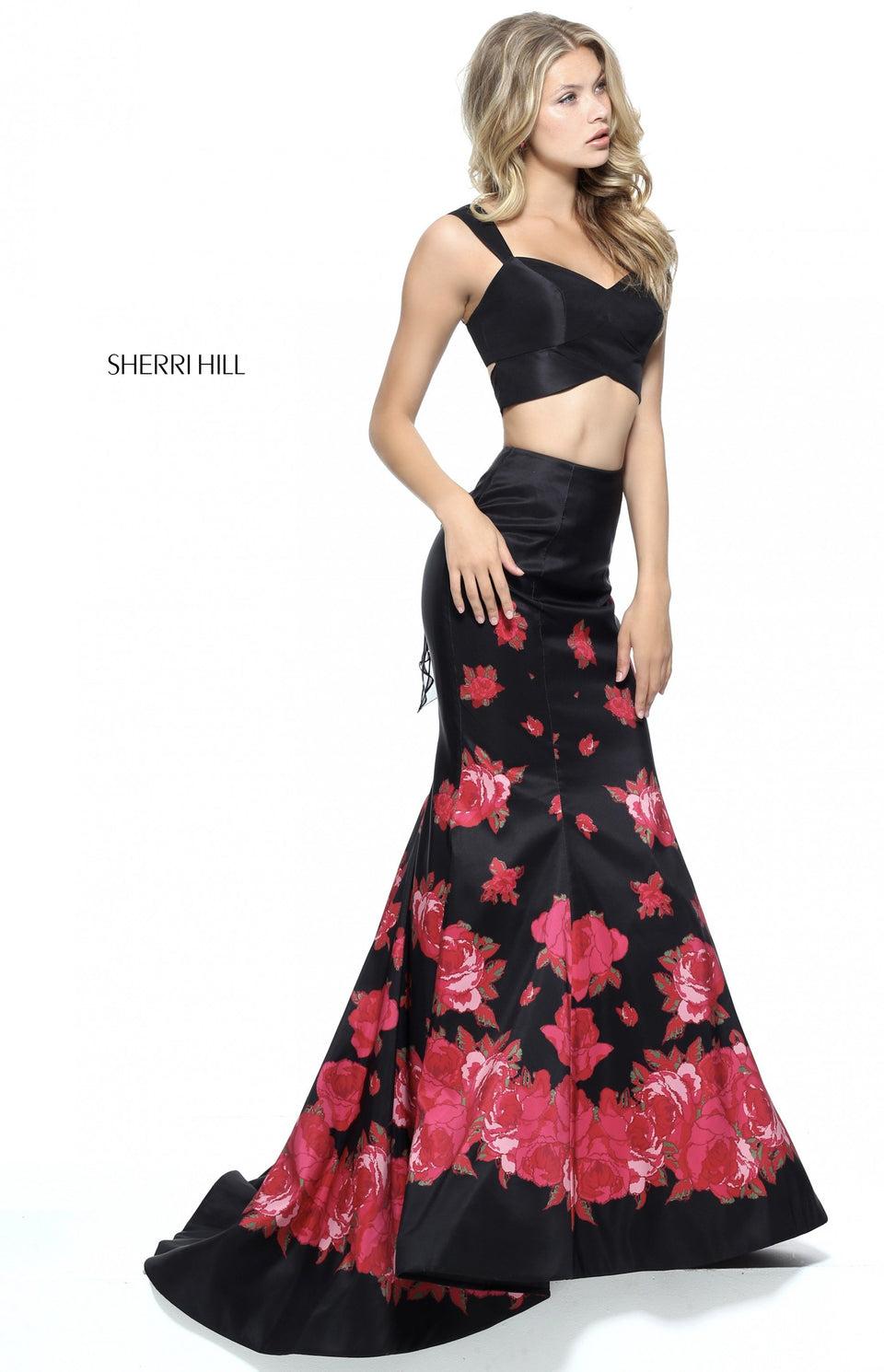 Sherri Hill Two-piece Taffeta Mermaid With A Cross Front Bodice And Floral Border Print On The Skirt