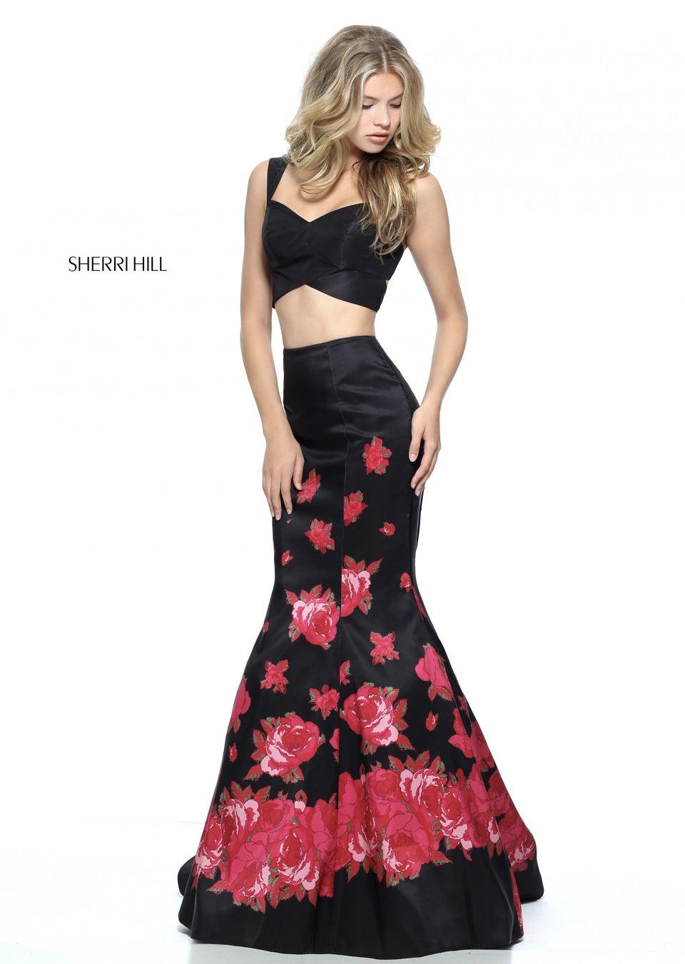 sherri hill Two-piece taffeta mermaid with a cross front bodice and floral border print on the skirt