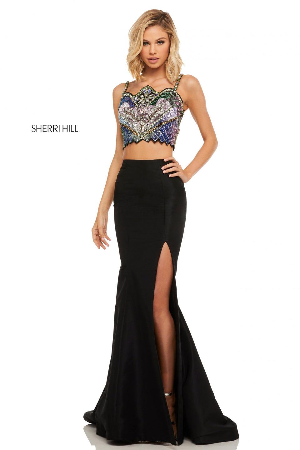 sherri hill Two-piece taffeta mermaid with a multi beaded bodice that laces up the back