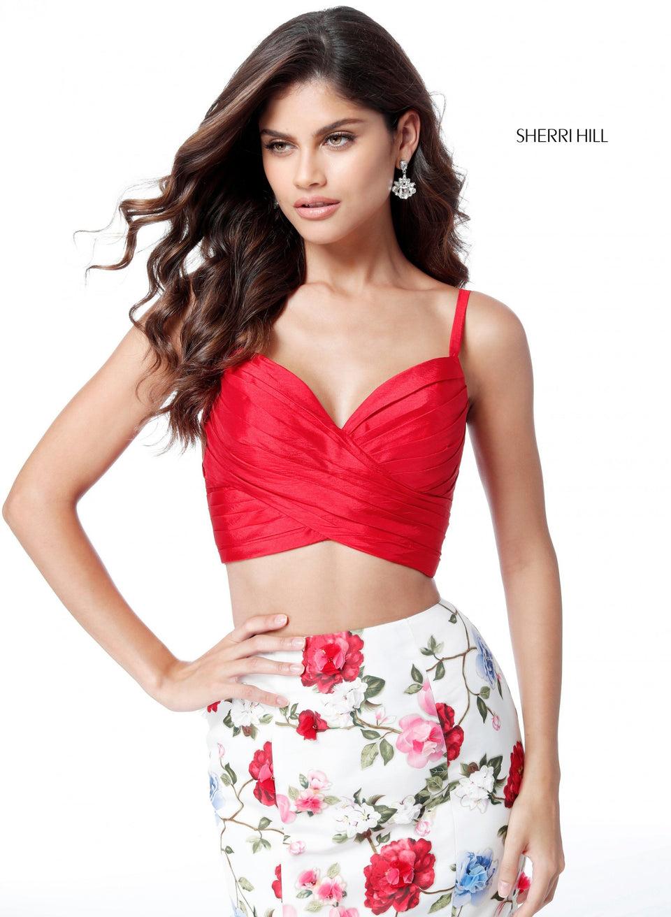 Sherri Hill Two Piece Taffeta With Front Cross Bodice And Floral Print Mermaid Skirt