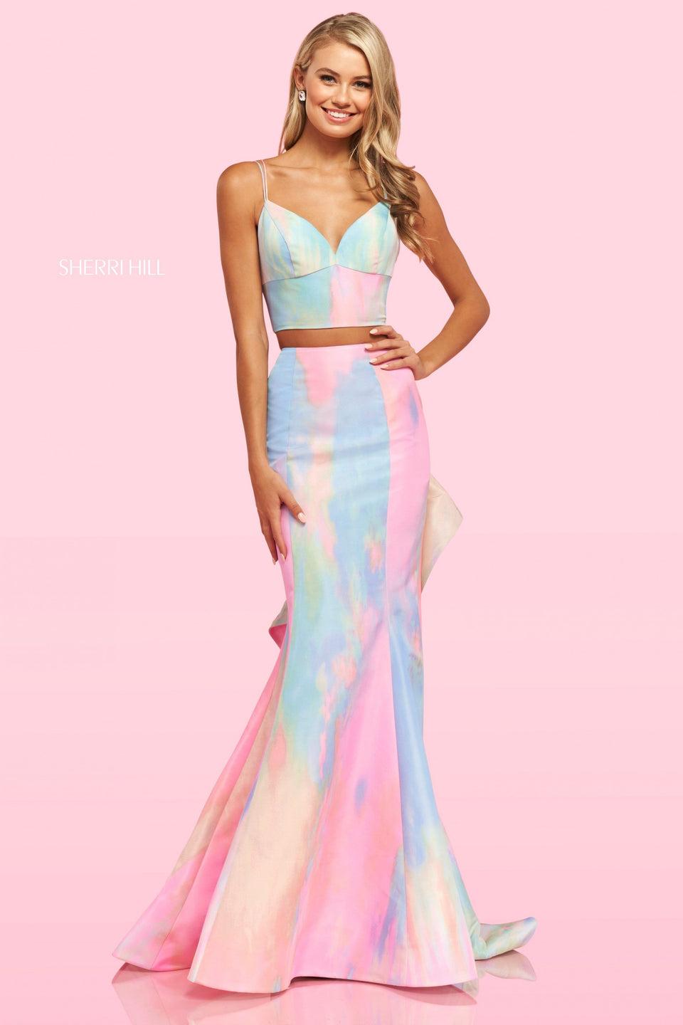Sherri Hill Two Piece Tie Dye Taffeta Gown With V Neck Sweetheart Neckline Spaghetti Strap Top With Lace Up Back And Mermaid Skirt With Ruffles On The Back