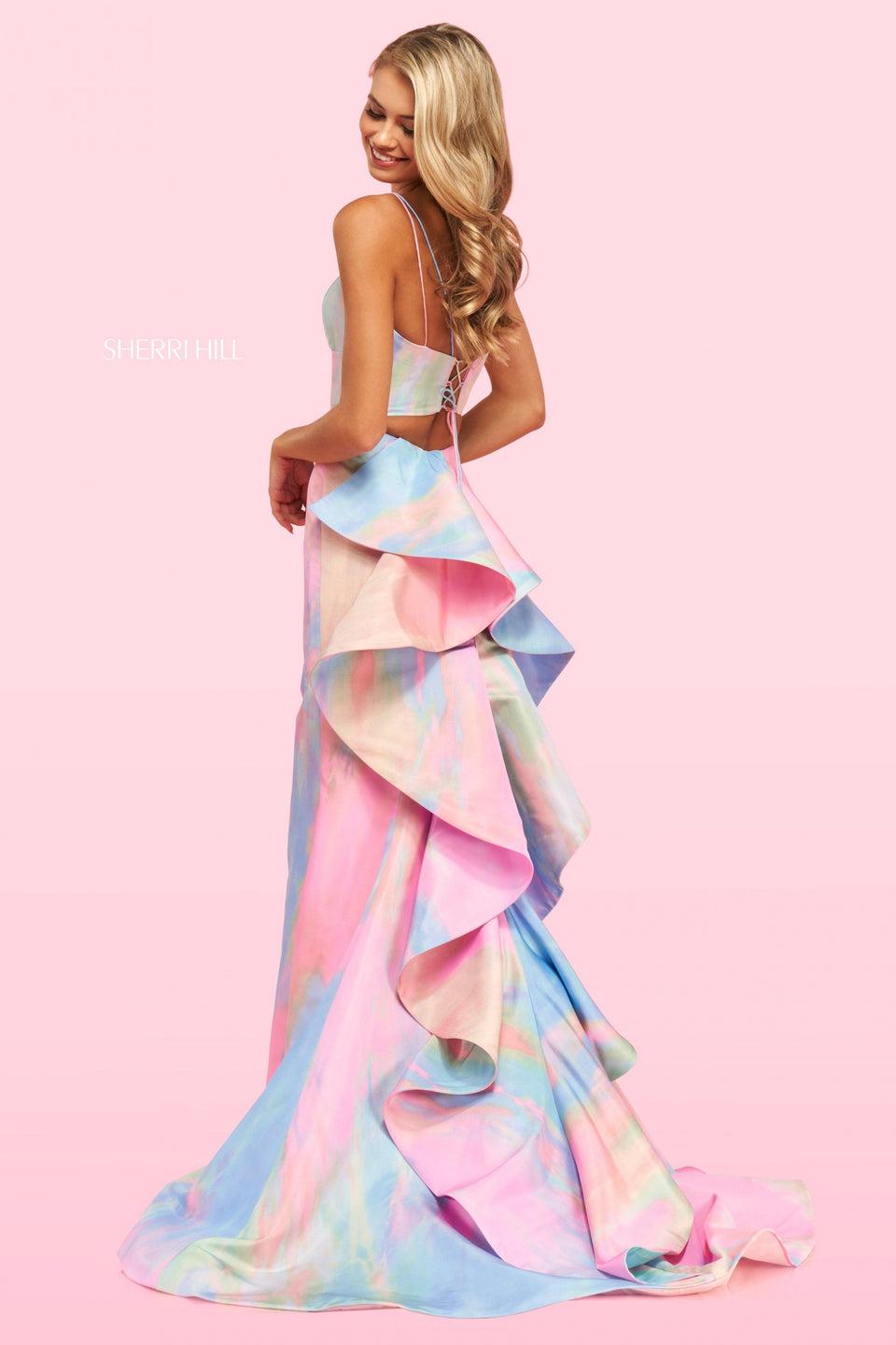 Sherri Hill Two Piece Tie Dye Taffeta Gown With V Neck Sweetheart Neckline Spaghetti Strap Top With Lace Up Back And Mermaid Skirt With Ruffles On The Back