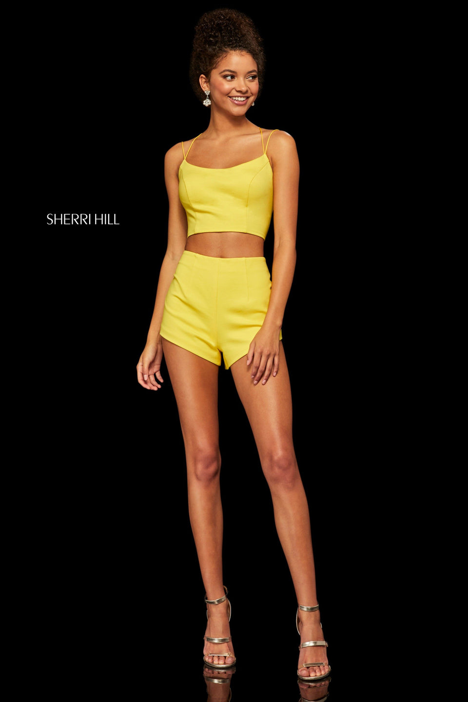 Sherri Hill Two-piece Top With Lace Up Back And Shorts With Detachable Chiffon Over Skirt