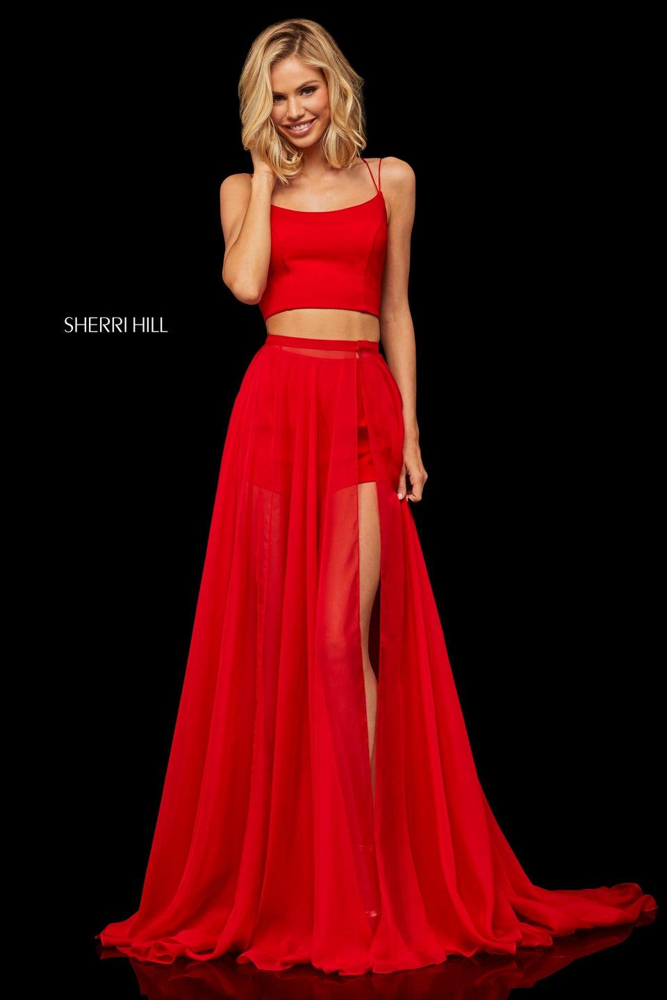 sherri hill Two-piece top with lace up back and shorts with detachable chiffon over skirt