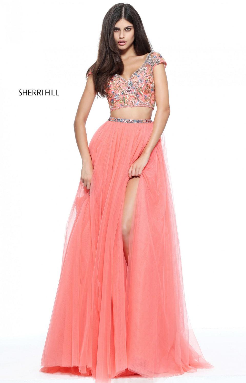 Sherri Hill Two-piece Tulle A-line Gown With A Cap Sleeve Beaded Bodice And Matching Waist Band