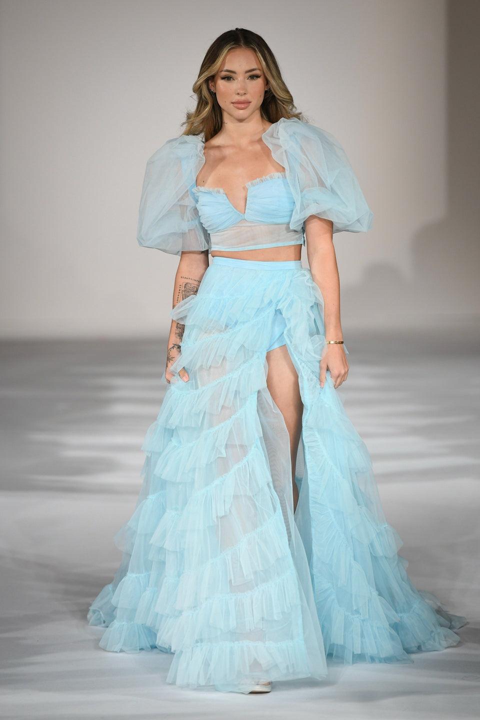 Sherri Hill Two Piece Tulle Gown With Ruffle Embellishments On Skirt And Ballon Sleeves