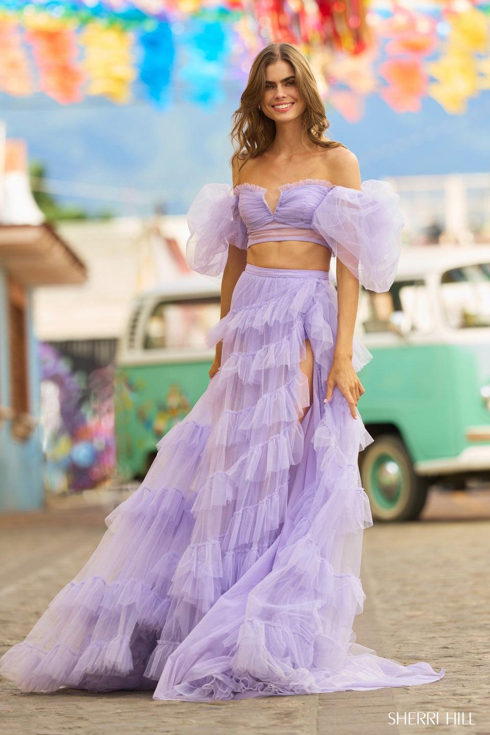 sherri hill Two piece tulle gown with ruffle embellishments on skirt and ballon sleeves