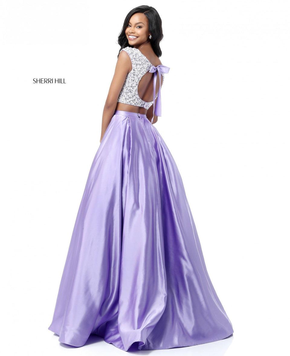 Sherri Hill Two Piece With Beaded And Pearl Encrusted Bodice With A Cut Out In The Back And A Satin Ball Gown Skirt
