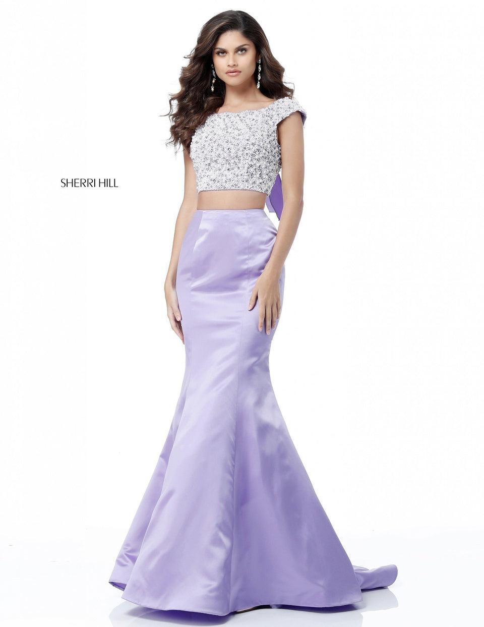 Sherri Hill Two Piece With Beaded And Pearl Encrusted Bodice With A Cut Out In The Back And A Satin Mermaid Skirt