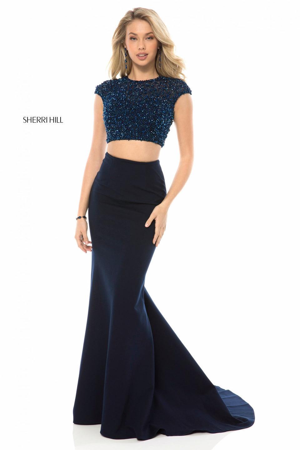 sherri hill Two piece with beaded cap sleeve bodice open back and fitted jersey skirt