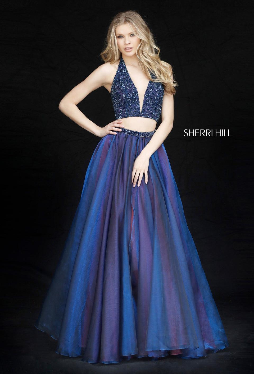 Sherri Hill Two Piece With Beaded Deep V Halter Bodice With Beaded Shorts And An Organza Ball Gown Removable Overskirt