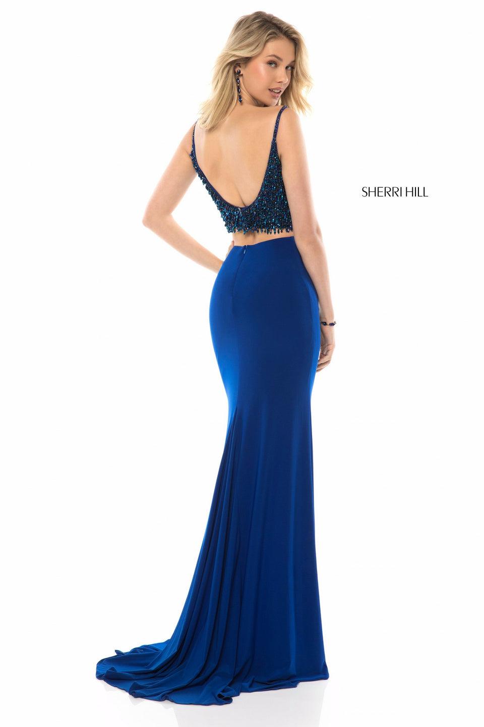 Sherri Hill Two Piece With Beaded Fringe Bodice And Fitted Jersey Skirt